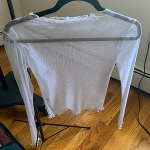 Sheer Shimmer White Long Sleeve Top Ruffle Trim